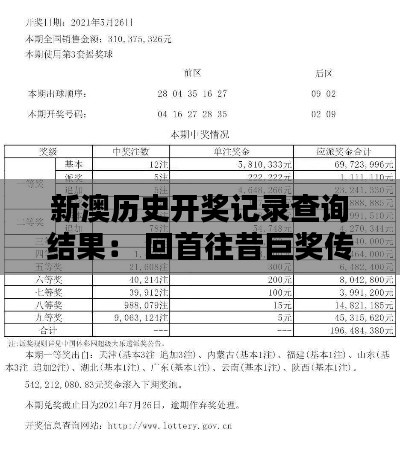 新澳历史开奖记录查询结果： 回首往昔巨奖传奇