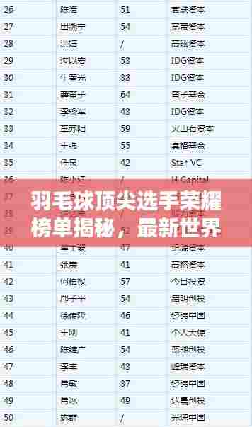 羽毛球顶尖选手荣耀榜单揭秘,最新世界排名一览